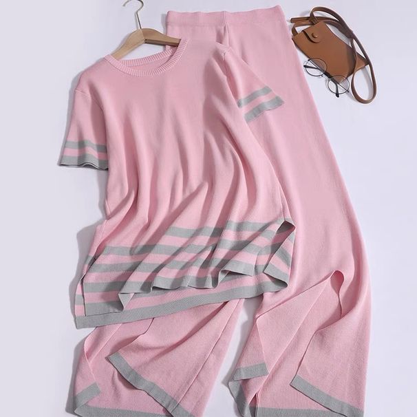 Women's European Style Color Blocked Striped Split Short Sleeve Knit Top And Slimming Wide Leg Pants Two Piece Set_ecoleips.com