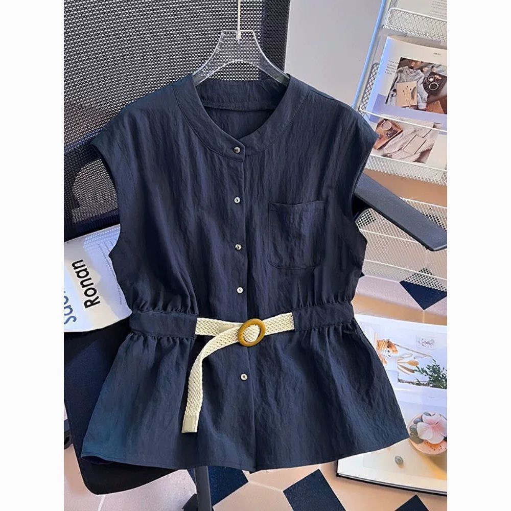 Women's French Style Stand up Collar Sleeveless Cardigan Shirt Unique Tea Colored Top with Belt New Summer Style_ecoleips.com