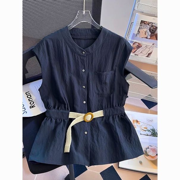 Women's French Style Stand up Collar Sleeveless Cardigan Shirt Unique Tea Colored Top with Belt New Summer Style_ecoleips.com