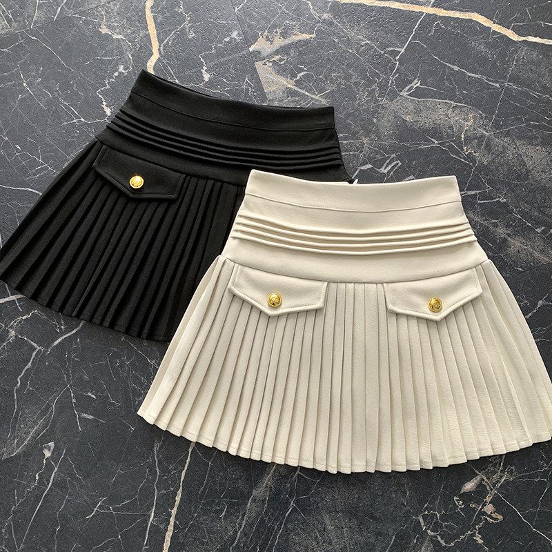 White High-Waisted Slimming Pleated Mini Skirt Wool Petite Women New Spring Winter Style_ecoleips.com