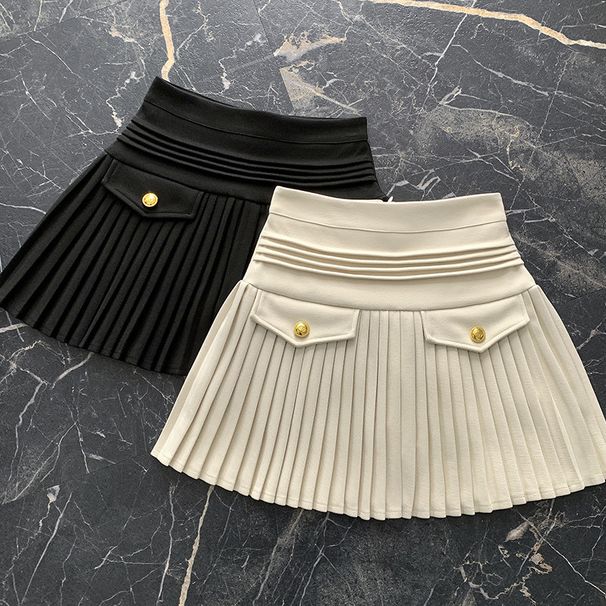 White High-Waisted Slimming Pleated Mini Skirt Wool Petite Women New Spring Winter Style_ecoleips.com