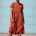 Summer Round-Neck Short-Sleeved Dress With Patchwork Design, Single Row Of Buttons, And Made From Pure Cotton-Linen Fabr_ecoleips.com