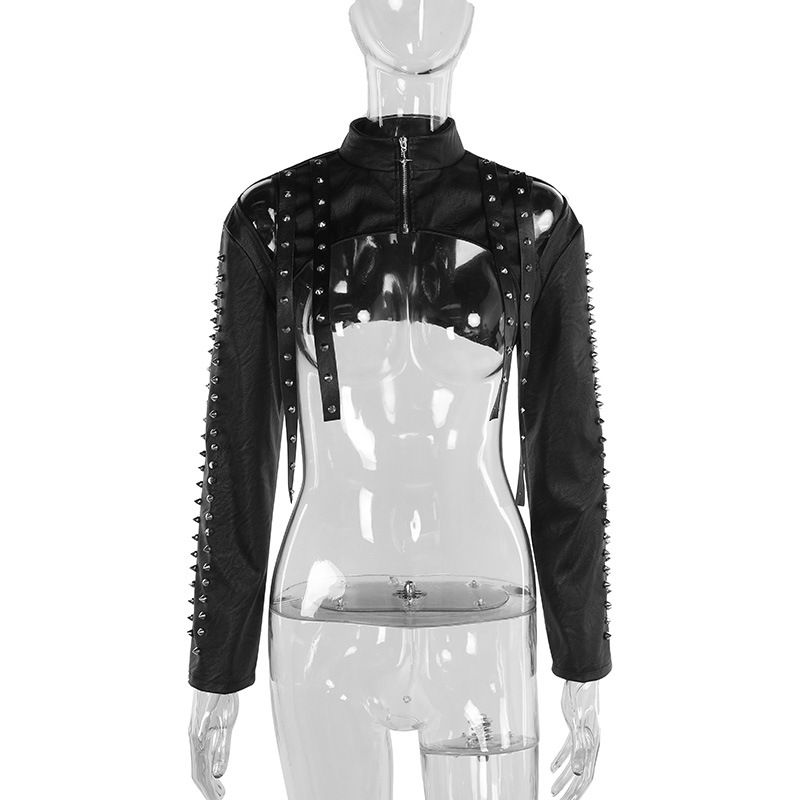 Women's Slim Fit PU Cover up Top Elegant Sexy Studded European American Style New Autumn 2024 CF24278_ecoleips.com