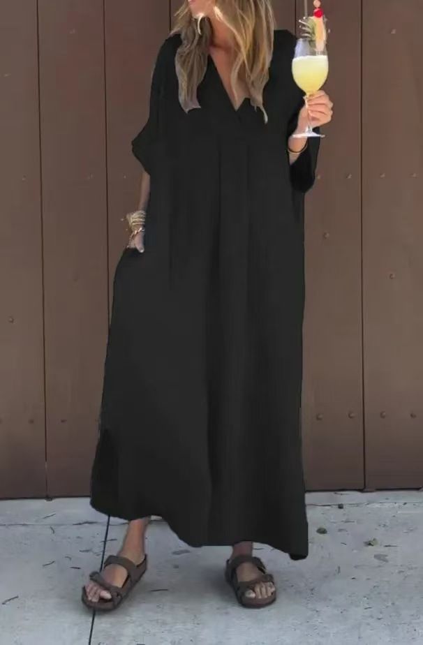 Spring Casual V Neck Dress Washed Cotton Short Sleeved Long Skirt For Women European And American Style Independent Website Fashion_ecoleips.com