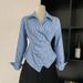 European Style Asymmetrical Striped Long Sleeve Shirt Open Front Oversized Blouse Women's Clothing Tops_ecoleips.com