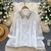 French-Inspired Luxury Blouse – Embellished Lace & Mesh Long Sleeve Top With Notched Collar (Oversized Fit, Beige/White/Black)_ecoleips.com