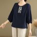 Spring/Summer Plus-Size Women's Cotton-Linen Embroidered Short-Sleeve Top, Artistic Vintage Loose Casual Cotton Mid-Slee_ecoleips.com
