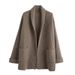 Women's V-Neck Knit Cardigan – Mid-Length Loose Fit, Solid Color, Pockets, All-Season Layering (White/Khaki, One Size)_ecoleips.com