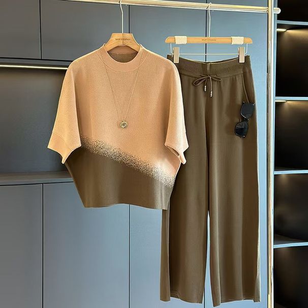 Cross Border 2026 New Summer Ice Silk Knitted Set For Women, Loose Fit, Wide Leg Pants, Two Piece Set_ecoleips.com