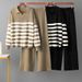 Women's Cross Border Striped Knitted Suit Polo Collar Loose Sweater And Wide Leg Pants Two Piece Set Casual Sports Spring Autumn_ecoleips.com