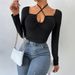 Voya Women's 2026 Autumn And Winter New Sexy Hollow Out Strap Slim Fit Short Knitted Long Sleeved T-shirt Top_ecoleips.com