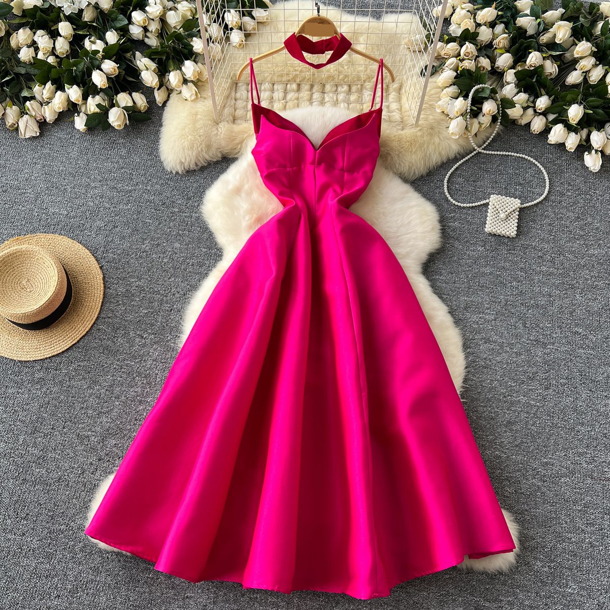 Women's Clothing Light Luxury Lady Dress Feminine V Neck Chest Revealing Suspenders A Line Puffy Dress High End Small Dress_ecoleips.com