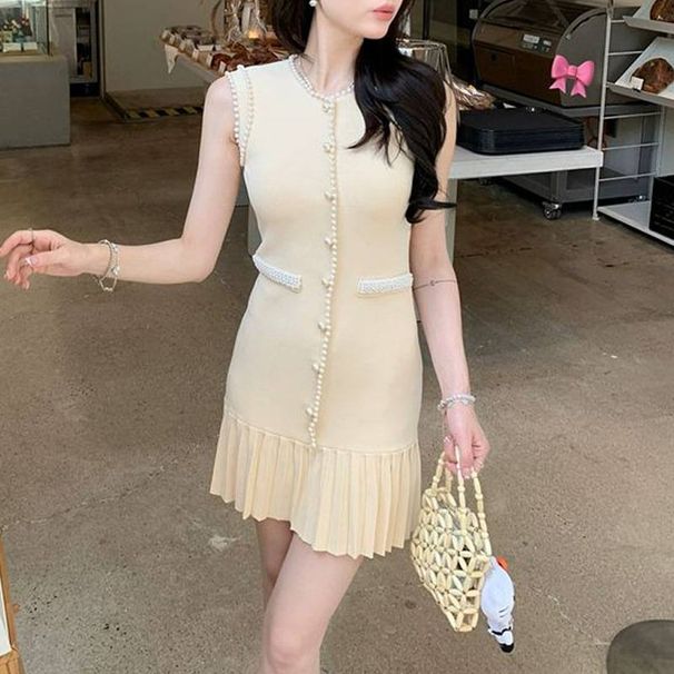 Women's Clothing Round Neck Sleeveless Knitted Dress Summer Beaded Short Skirt Fashionable Slim Waist Vest Skirt_ecoleips.com
