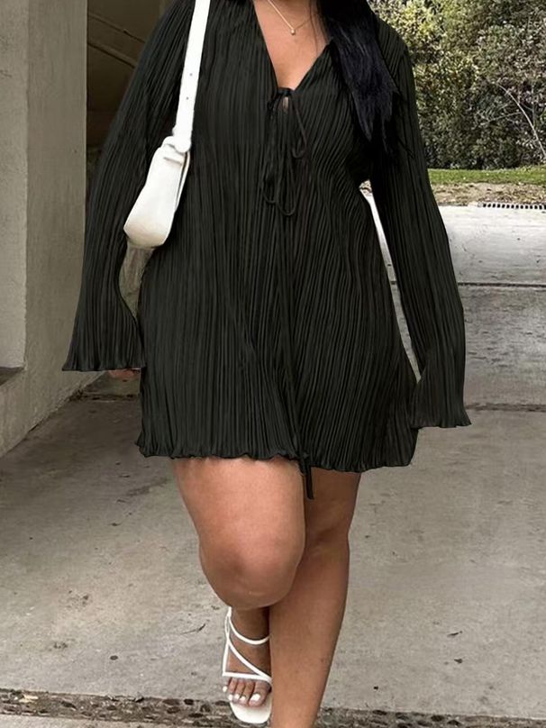 Plus-Size V-Neck Wrap Dress With Flared Sleeves – Elegant & Casual Midi Dress For Women (0XL-5XL, Pure Color & Street Style)_ecoleips.com