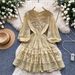 Women's French Style Lace V-Neck Dress – Elegant Long Sleeve, Single Breasted & Puffy Design (Yellow/White/Blue/Black, M/L/XL)_ecoleips.com