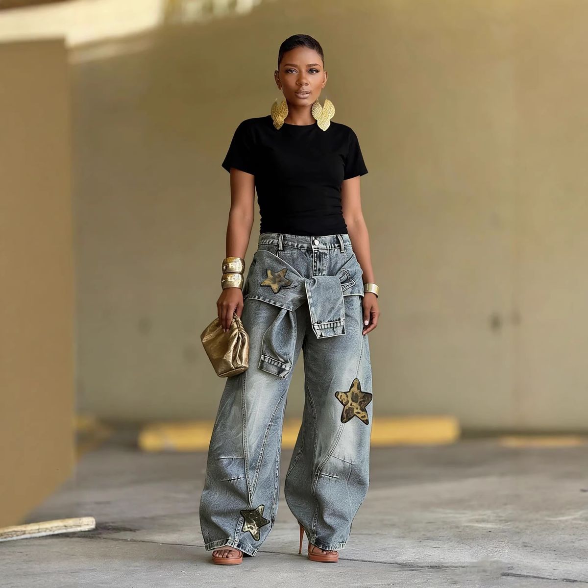 Women's Clothing Women's Lace Up Patchwork Jeans Star And Leopard Print Applique Design For Formal & Casual For Women_ecoleips.com
