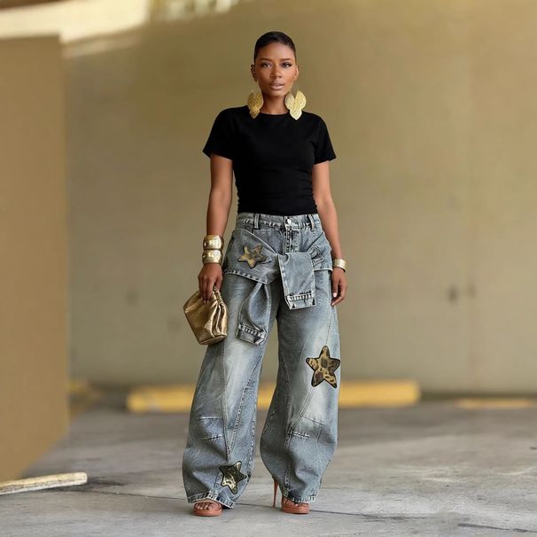 Women's Clothing Women's Lace Up Patchwork Jeans Star And Leopard Print Applique Design For Formal & Casual For Women_ecoleips.com
