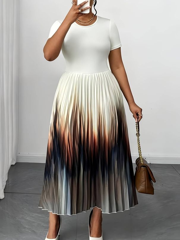 Plus-size Casual Dress For Women, Perfect For Parties And Everyday Wear. Round Neck, Gradient Short Sleeves, Pleated, Elegant And Flowy, With A Fitted Waist._ecoleips.com
