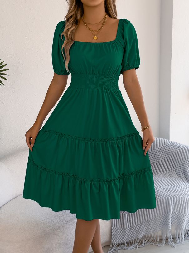 Real Shot Of 2026 Spring/Summer European And American Solid Color Square-neck Short-sleeve Ruffled Hem Dress,_ecoleips.com
