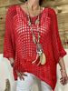 Plus Size Women's Summer Crochet Knit Cover Up Top, V-Neck 3/4 Sleeve Hollow Out Casual Loose Elegant Beach Tunic Blouse_ecoleips.com