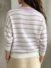 Lavender Stripe Eyelet Rib Knit Top, Loose Lightweight Breathable Tie V Neck Jumper, Soft Skin-touch Hollow Long Sleeve Pullover_ecoleips.com