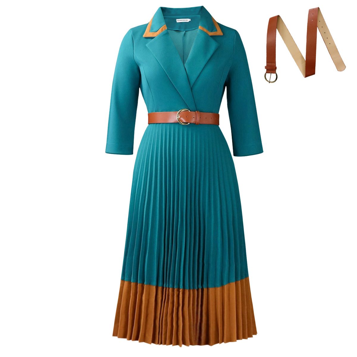 Elegant Notched Lapel Winter Knit Dress for Women with Belt Pleated Skirt Stylish S-XXXL_ecoleips.com