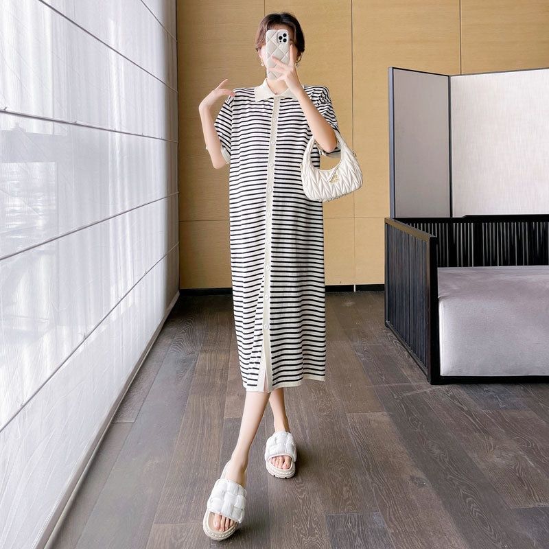 Summer New Korean Fashion Maternity Striped Knitted Dress_ecoleips.com