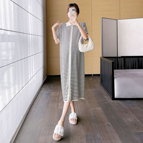 Summer New Korean Fashion Maternity Striped Knitted Dress_ecoleips.com