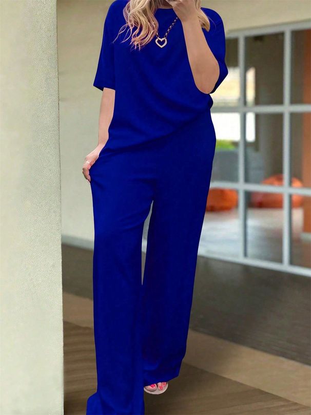 Women's Spring/Summer Two Piece Set Crew Neck Long Sleeve Top High Waisted Wide Leg Straight Leg Pants_ecoleips.com