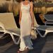Sexy Off Shoulder Bow Tie Up Suspender Dress Elegant Sleeveless Hollow Slim Knitted Dress Fashion Ruffle Edge Solid Long Dress_ecoleips.com