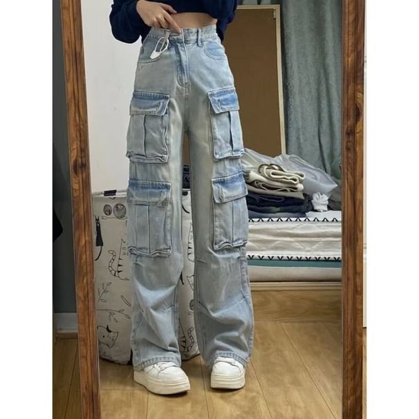 Women's Retro Cargo Jeans High Waisted Straight Leg Baggy Pants With Multi-Pockets, Stretch Denim, Comfortable & Stylish Oversized Trousers_ecoleips.com