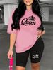 Summer Women's Casual Fashion Queen Letter Graphic Print Loose T-shirt Shorts Two-piece Set Sportswear Suitable For Daily Wear-156_ecoleips.com