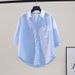 "Women's Stylish Loose-Fit Short Sleeve Blouse Inspired Wrinkle Design, Polo Collar, Casual & Comfortable, Summer Fashion (White, Light Blue)"_ecoleips.com