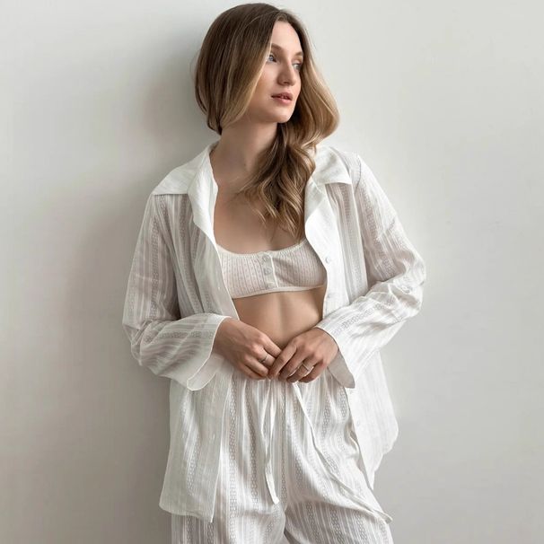 European And American Autumn New White Jacquard Sleeve Long Pants Loose Pajama Set Cross-Border Wholesale Homewear_ecoleips.com