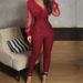 new solid color V neck mesh slim long sleeved jumpsuit trousers large stock_ecoleips.com