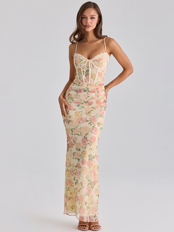 Mozision Spaghetti Strap Backless Print Sexy Maxi Dress Women Elegant Patchwork Sleeveless Bodycon Floral Print Club Party Dress_ecoleips.com