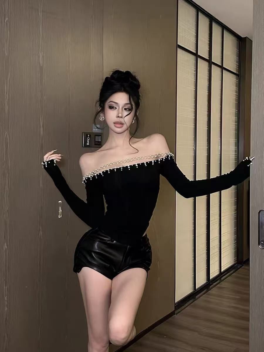 FORNIS Rhinestone Off-Shoulder Long Sleeve Top PU Straight Shorts Set_ecoleips.com