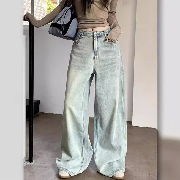 American-style Design Loose Wide-leg Jeans For Women, New Autumn Collection, High-waisted, Slimming, Versatile, Drapey,_ecoleips.com
