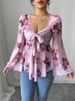 K New Design Sweet Floral Blush Tie-Up Square-Neck Long Sleeve Shirt_ecoleips.com
