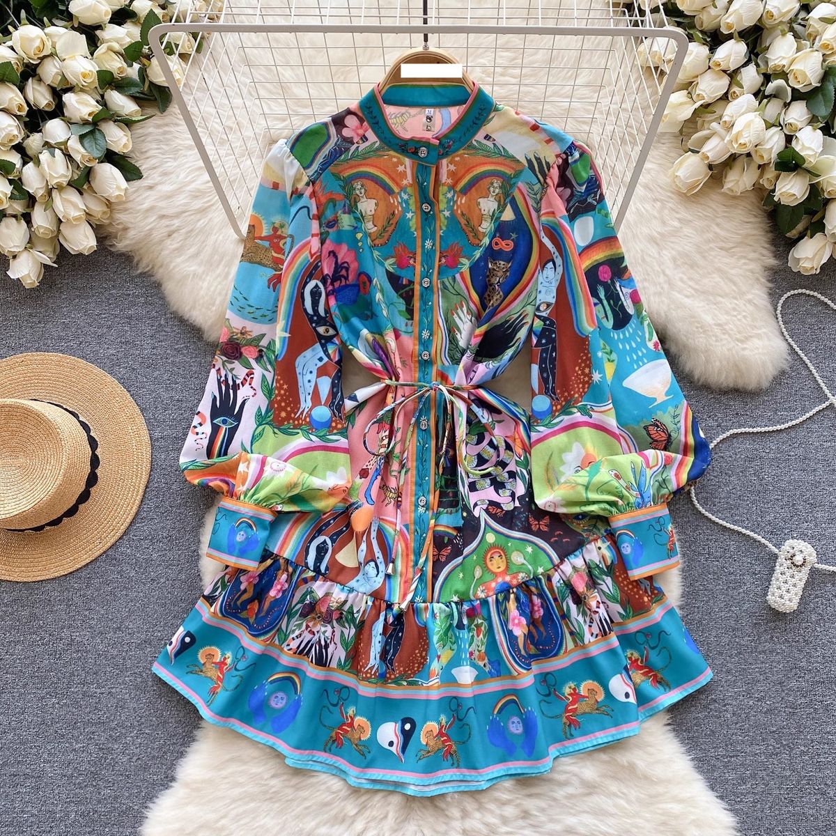 Women's Clothing Niche high end elegant printed short skirt women's French light luxury temperament stand up collar lantern sleeve loose waist dress_ecoleips.com