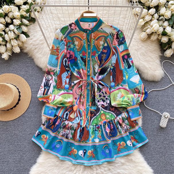 Women's Clothing Niche high end elegant printed short skirt women's French light luxury temperament stand up collar lantern sleeve loose waist dress_ecoleips.com