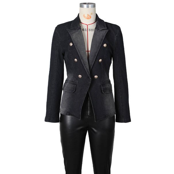 Women's Clothing New Slim Fit Double Breasted Lion Button Denim Suit Jacket_ecoleips.com