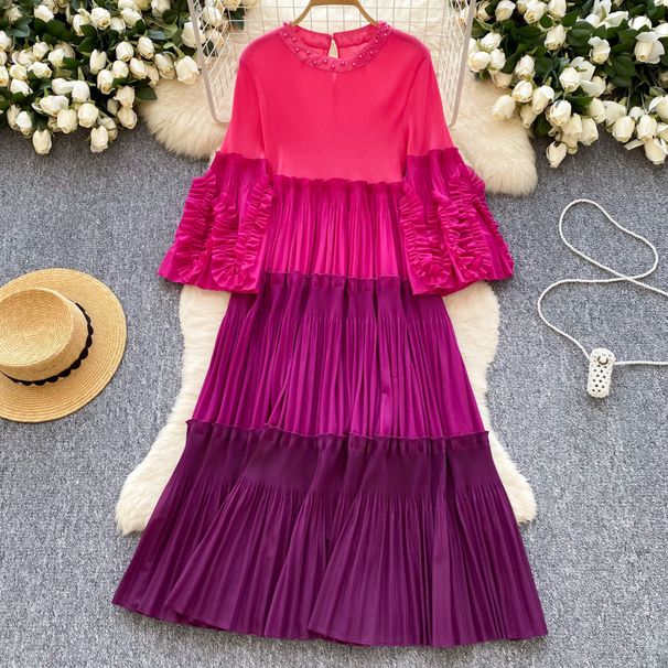 Women's Clothing New Color Matching Round Neck Beading Temperament Plus Size Women's Pleated Dress_ecoleips.com