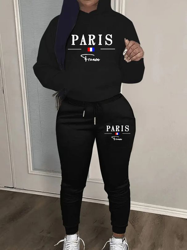 Women's Autumn And Winter Casual Fashion Paris Pattern Printed Thick Velvet Warm Hooded Sweatshirt+sweatpants Set-688_ecoleips.com