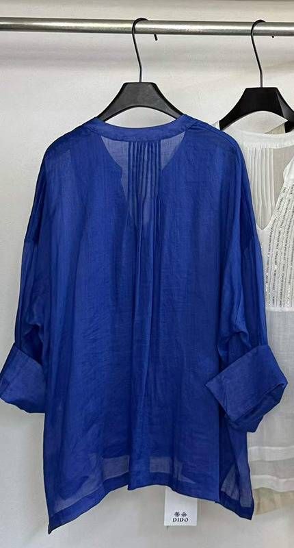 V-Neck Ramie Blouse With Pearl Bead Embroidery, Lightweight Loose-Fit Shirt For Sun Protection Breathable Ramie-Blend Fabric_ecoleips.com