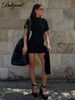Dulzura O-Neck Short Sleeves Lace Up Bodycon Metal Button Mini Dress Solid Casual Elegant Short Dress Club Streetwear Outfit_ecoleips.com