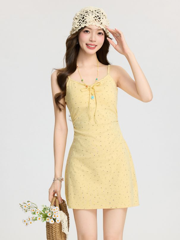 Sweet Floral Print Camisole With Chest Pads For Women, 2026 Summer New Style, Yellow V-Neck, Waist-Cinching, Slim-Fit_ecoleips.com