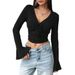 Voya Women's V-neck Flared Sleeve T-shirt Summer New Elegant Style Solid Color Pullover Long Sleeved Short Top For Women_ecoleips.com