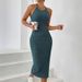 Women's Clothing Round Neck Solid Color Dress All Match No Fork Belt Knitted Sweater Backless Dress_ecoleips.com