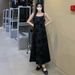 Autumn New Korean Fashion Flocked Camisole Black Cardigan Two-Piece Set Maternity Dress_ecoleips.com